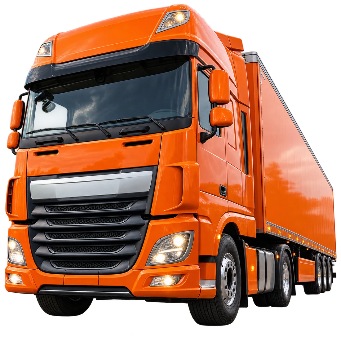Оранжевый DAF XF с полуприцепом, без надписей, выезжает за край карточки